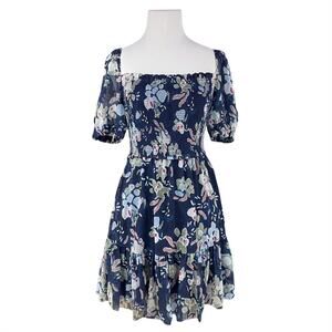 WILFRED ARITZIA Laken Dress in Navy/Aura Blue Smocked Floral Chiffon Size XS
